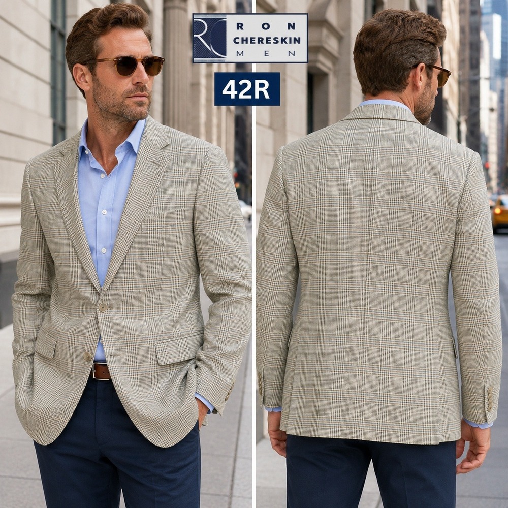 Ron Chereskin Men 42R Silk Wool Glen Plaid Blazer Sport Coat Tan Blue 2 Button